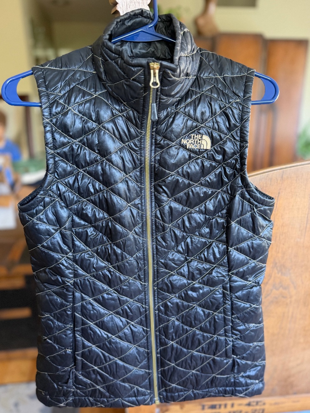 North Face Black Thermoball Quilted Puffer Vest  Metallic Gold Logo & Stitching
